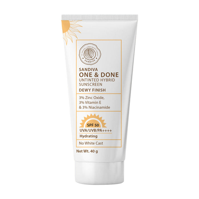 Sandiva Untinted Hybrid Sunscreen SPF 50, 3% Zinc Oxide, Niacinamide & Vitamin E - Dewy Finish