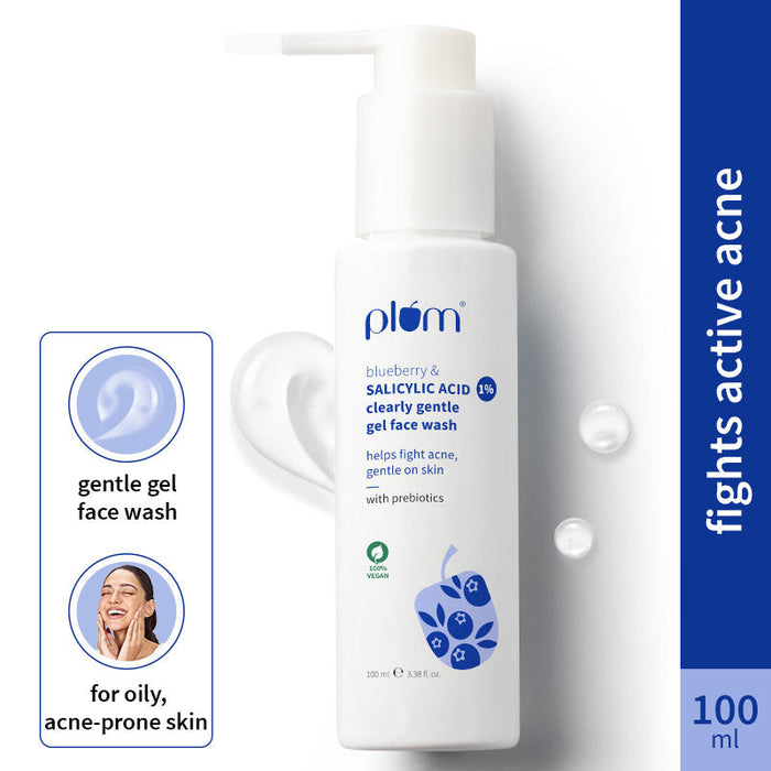 Plum 1% Salicylic Acid & Blueberry Clearly Gentle Gel Face Wash, For Acne Prone & Oily Skin