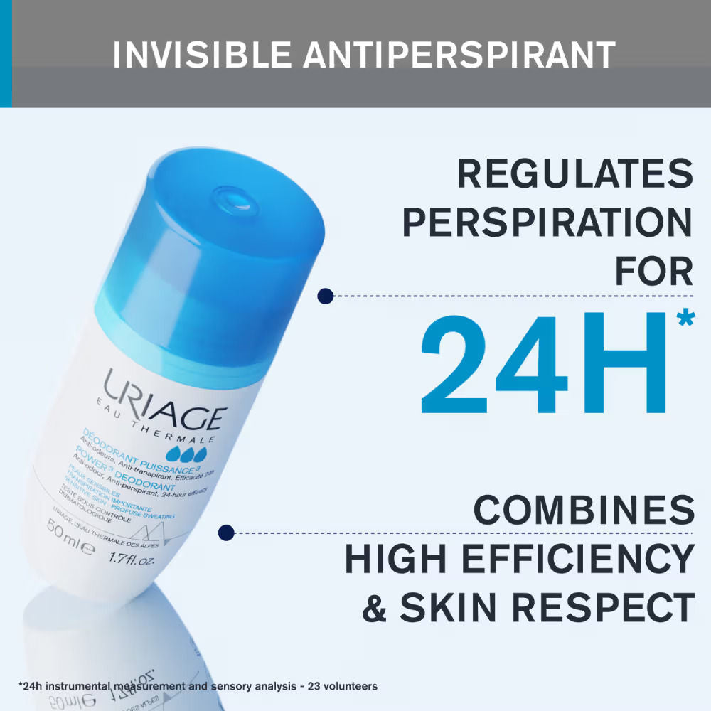 Uriage Power 3 Roll On Deodorant 24H Anti-Odor Anti-Perspirant Dermat Recommended for Excess Sweat