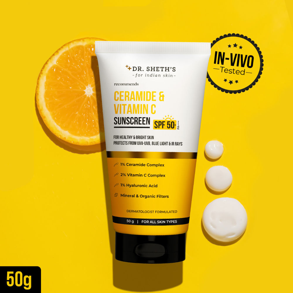 Dr. Sheth's Ceramide & Vitamin C Sunscreen SPF 50+ PA++++ In-Vivo Tested for Bright Skin