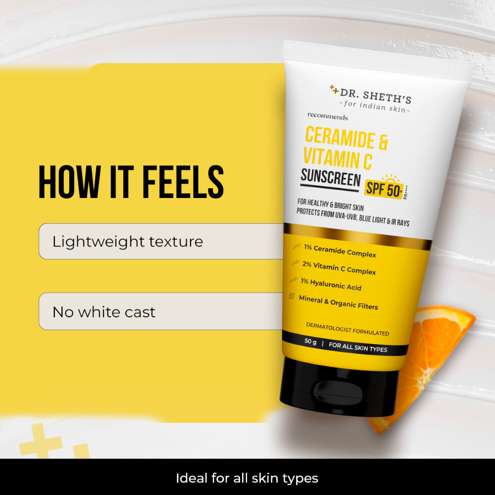 Dr. Sheth's Ceramide & Vitamin C Sunscreen SPF 50+ PA++++ In-Vivo Tested for Bright Skin