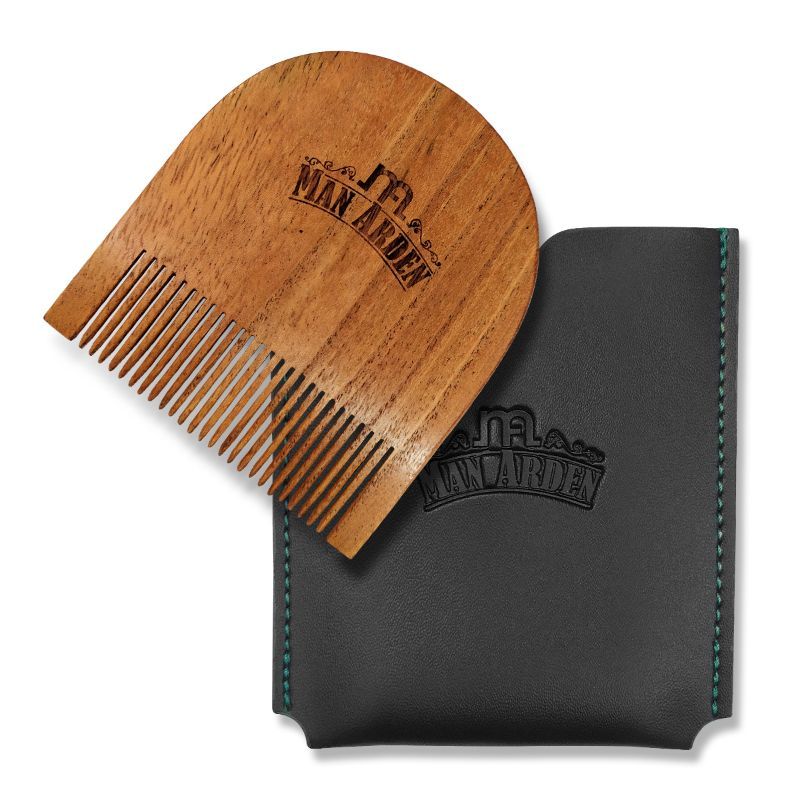 Man Arden Pure Neem Wooden U Shaped Beard Comb With Premium Faux Leather Pouch