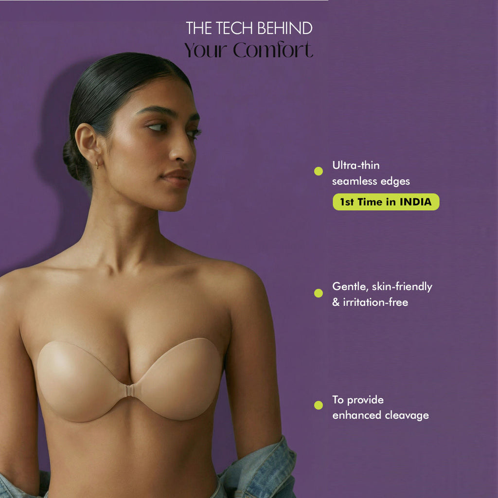 PINQ Polka Adhesive Stick-On Cleavage Bra - Reusable Invisible Strapless Bra Nude (C Cup)