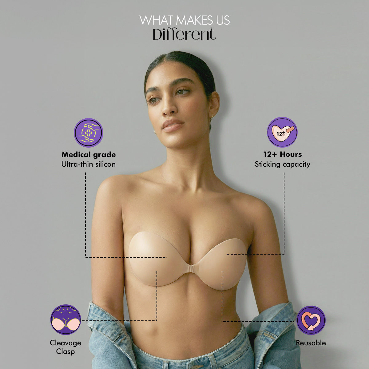 PINQ Polka Adhesive Stick-On Cleavage Bra - Reusable Invisible Strapless Bra Nude (C Cup)