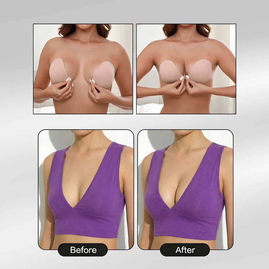 PINQ Polka Adhesive Stick-On Cleavage Bra - Reusable Invisible Strapless Bra Nude (C Cup)