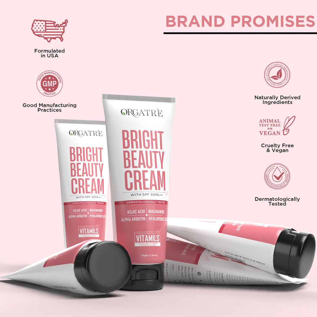 Orgatre Bright Beauty Cream with Kojic Acid, Niacinamide & Hyaluronic Acid- Glowing Skin
