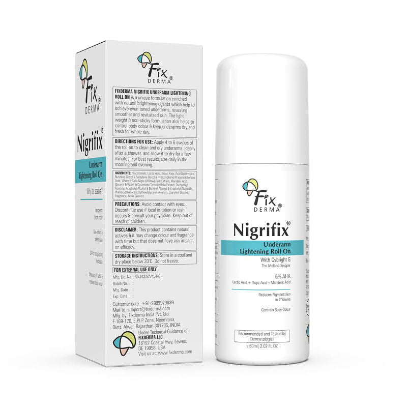 Fixderma Nigrifix 6% AHA Underarm Lightening Roll On | Lactic Acid & Kojic Acid, Reduces Pigmentation & Odour for Women & Men