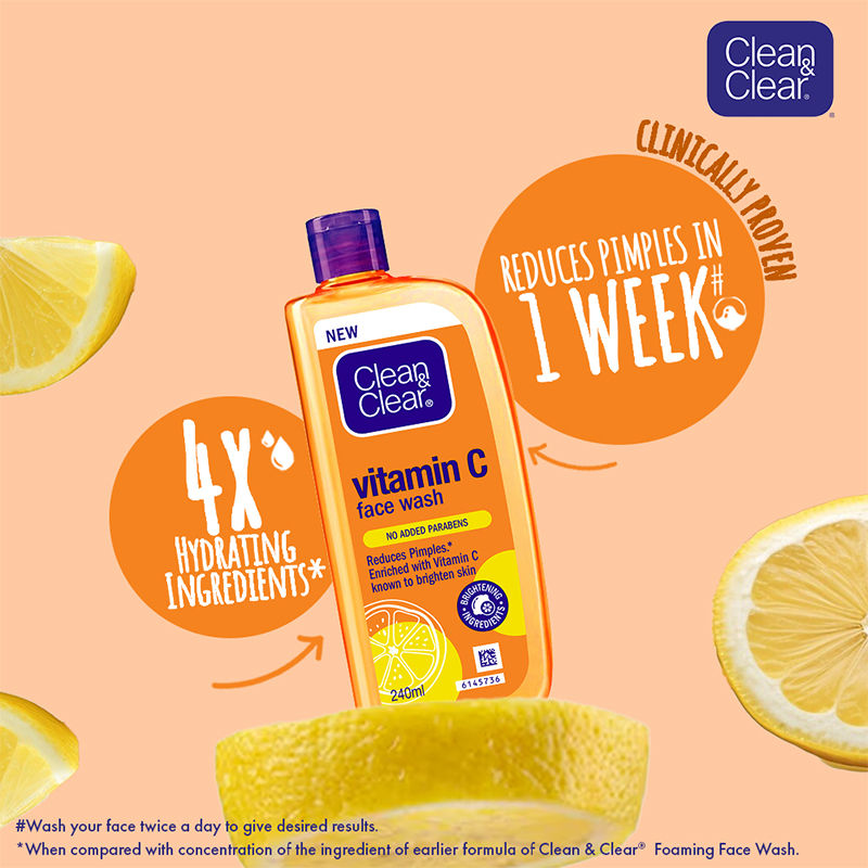 Clean & Clear Vitamin C Face Wash - Gentle Brightening & Hydrating Cleanser Reduces Acne In 7 Days