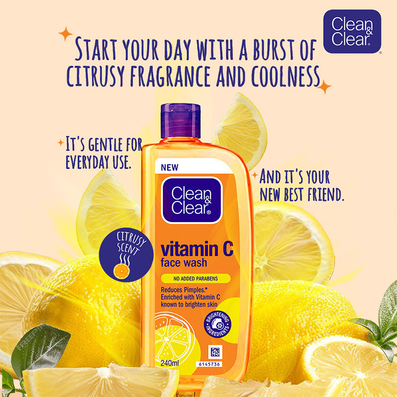 Clean & Clear Vitamin C Face Wash - Gentle Brightening & Hydrating Cleanser Reduces Acne In 7 Days