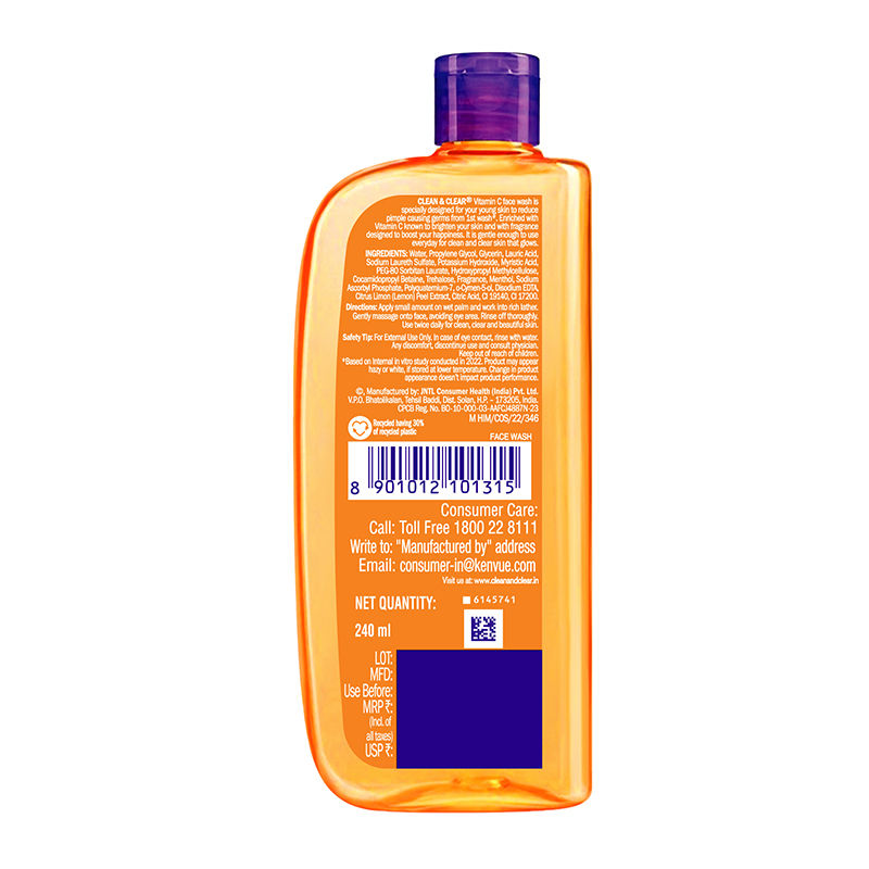 Clean & Clear Vitamin C Face Wash - Gentle Brightening & Hydrating Cleanser Reduces Acne In 7 Days