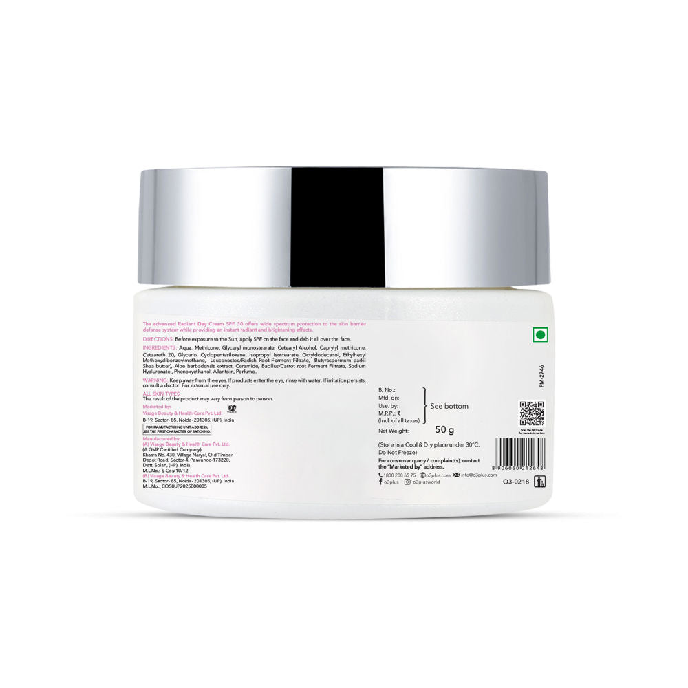 O3+ Radiant Day Cream Moisturiser SPF30 for Brightening & Glowing Skin | All Skin Types