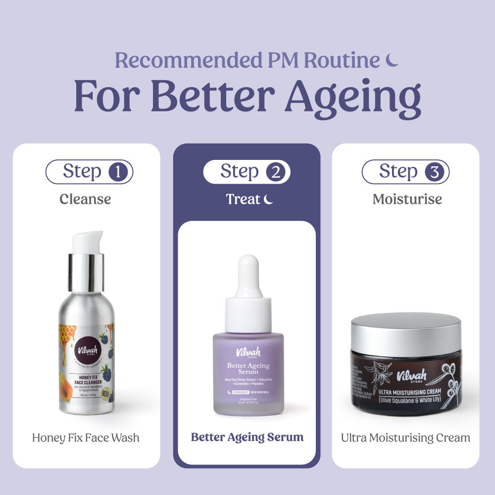 VILVAH Better Ageing Overnight Serum with BluePea Flower Extract, Bakuchiol, Ceramides & Peptides