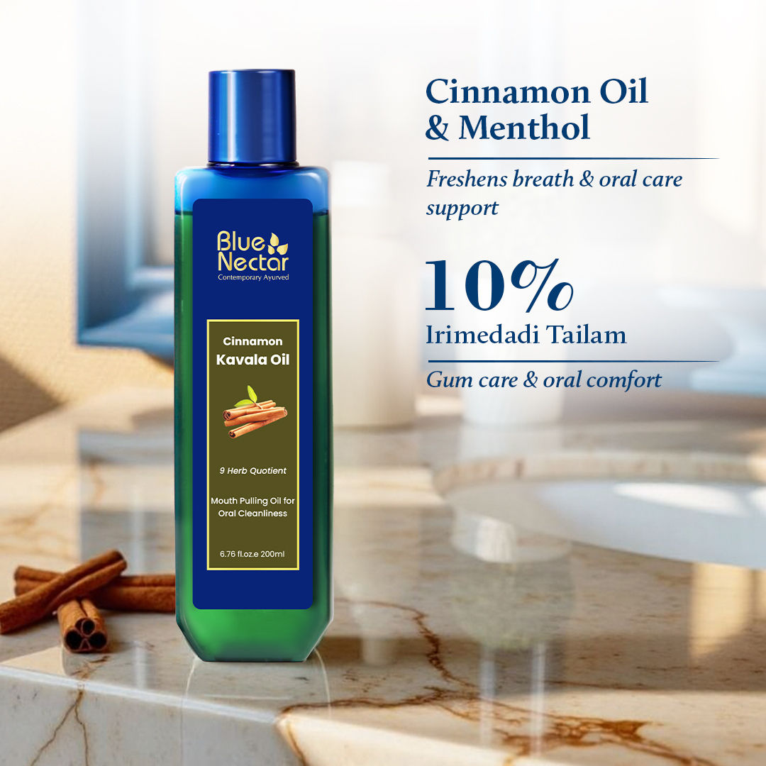 Blue Nectar Cinnamon Mouth Pulling Oil, Ayurvedic Mouthwash for Fresh Breath & Oral Care - 9 Herbs