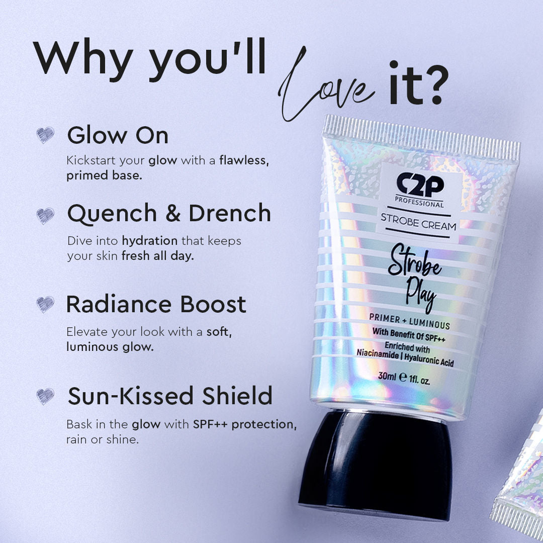 C2P Pro Strobe Cream for Face Glow 3 in 1 Formula Moisturizer Highlighter Primer SPF++