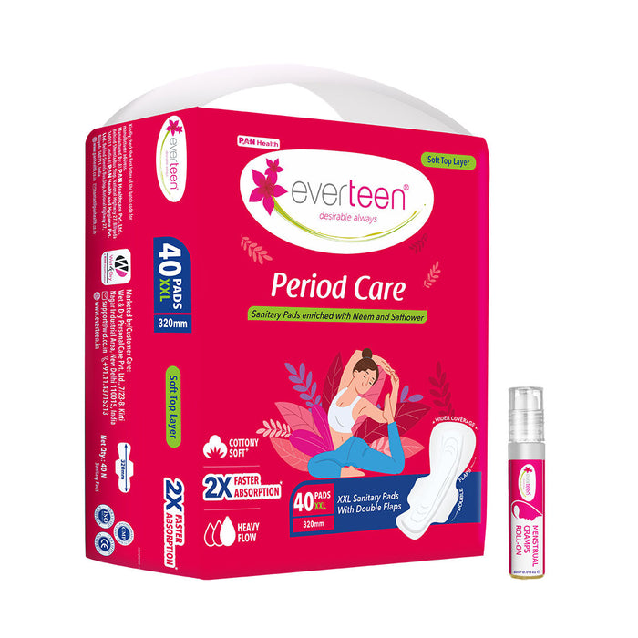 Everteen XXL Soft 40 Sanitary Napkins Pad With Free Menstrual Period Pain Relief Cramps Roll-On