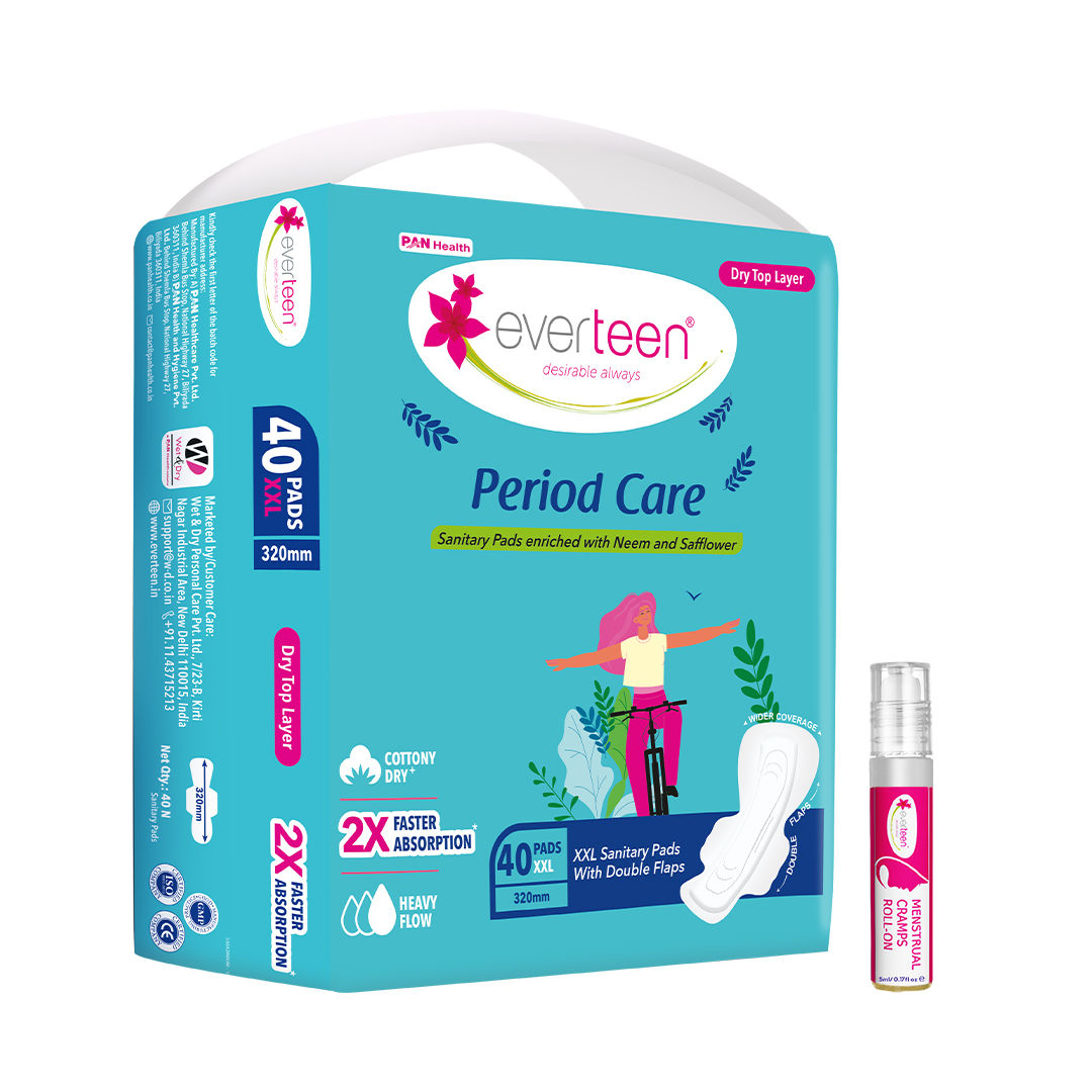 Everteen XXL Dry 40 Sanitary Napkins Pad With Free Menstrual Period Pain Relief Cramps Roll-On