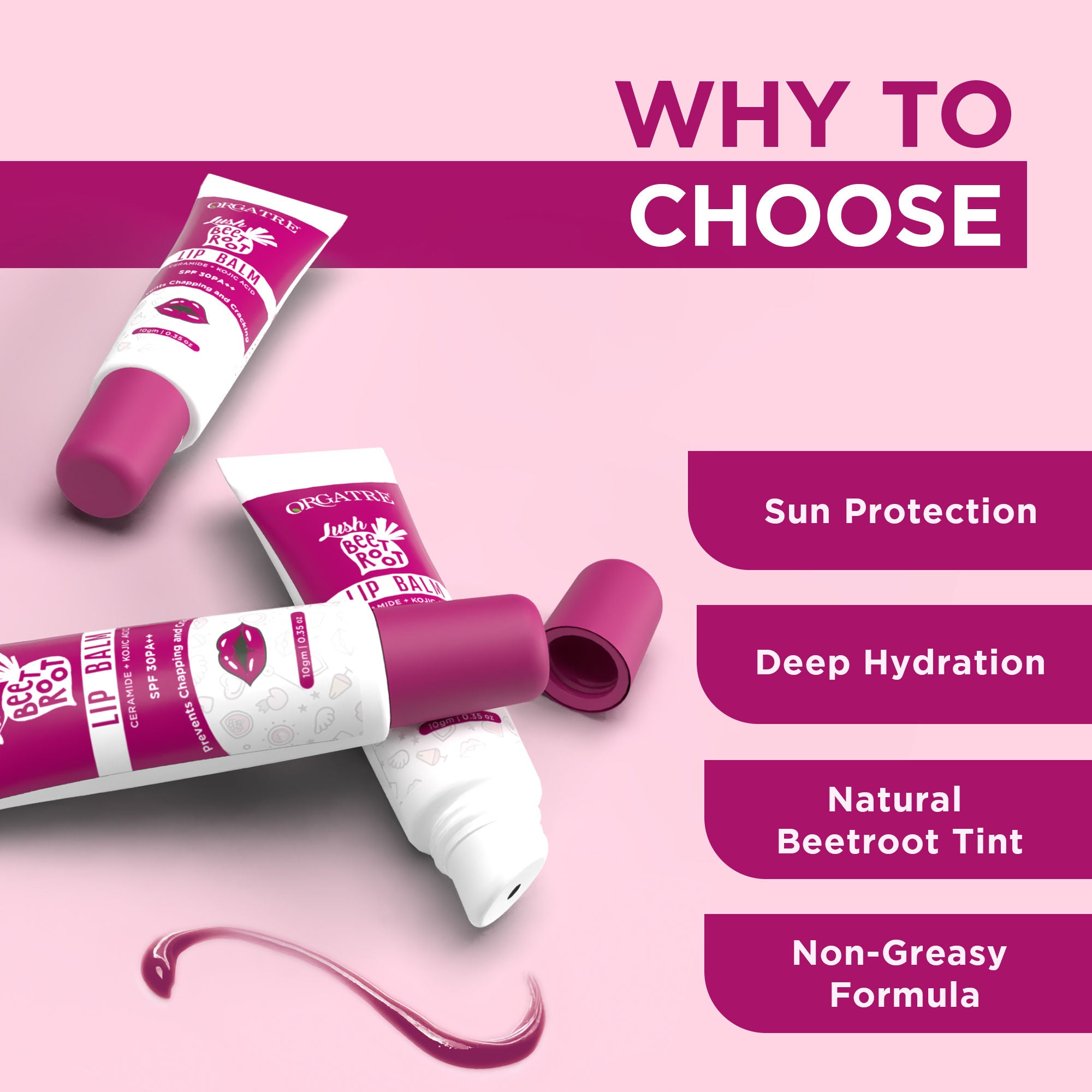 Orgatre Beetroot Tinted Lip Balm SPF 30 PA++ with Ceramide & Kojic Acid for Brighten Dark Lips