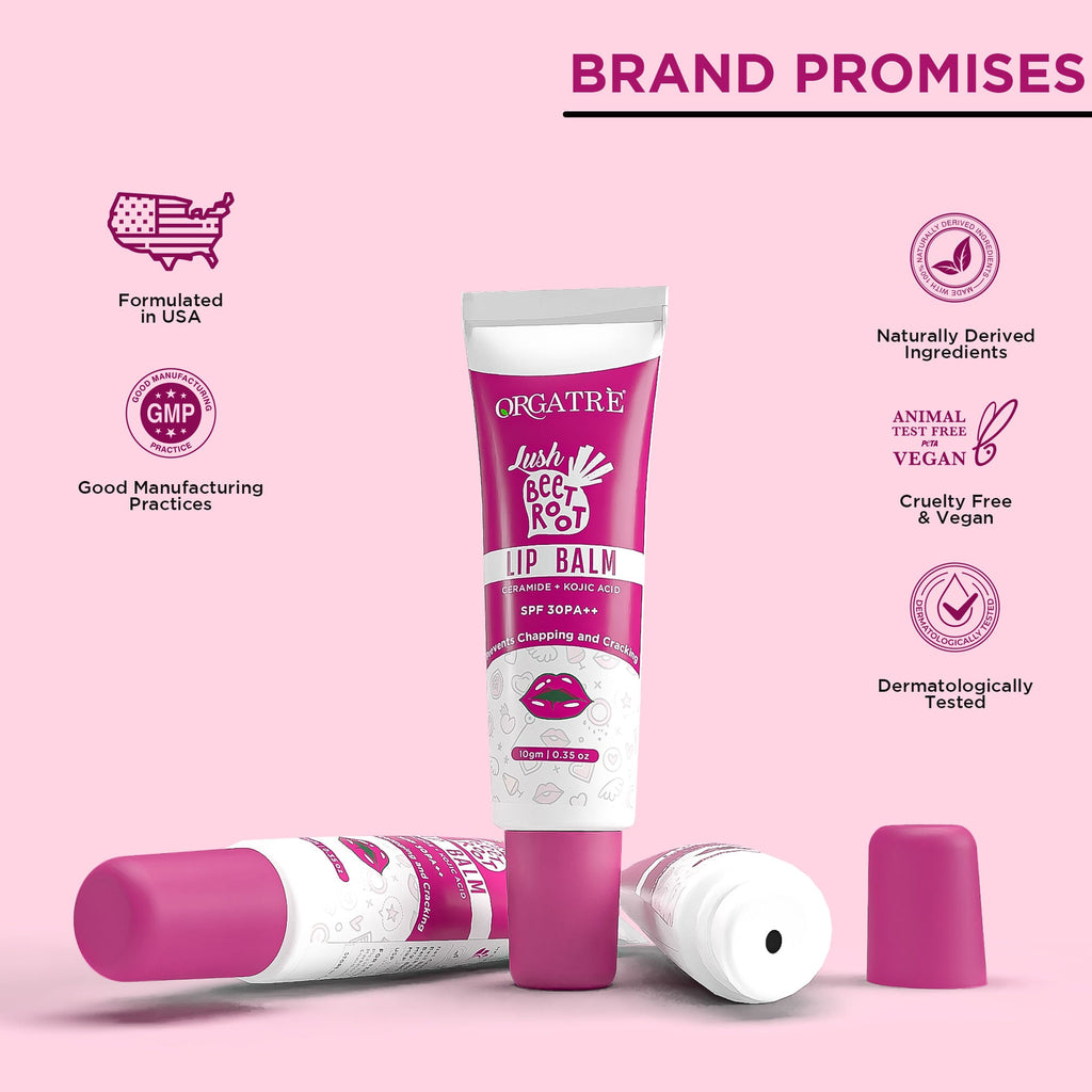 Orgatre Beetroot Tinted Lip Balm SPF 30 PA++ with Ceramide & Kojic Acid for Brighten Dark Lips