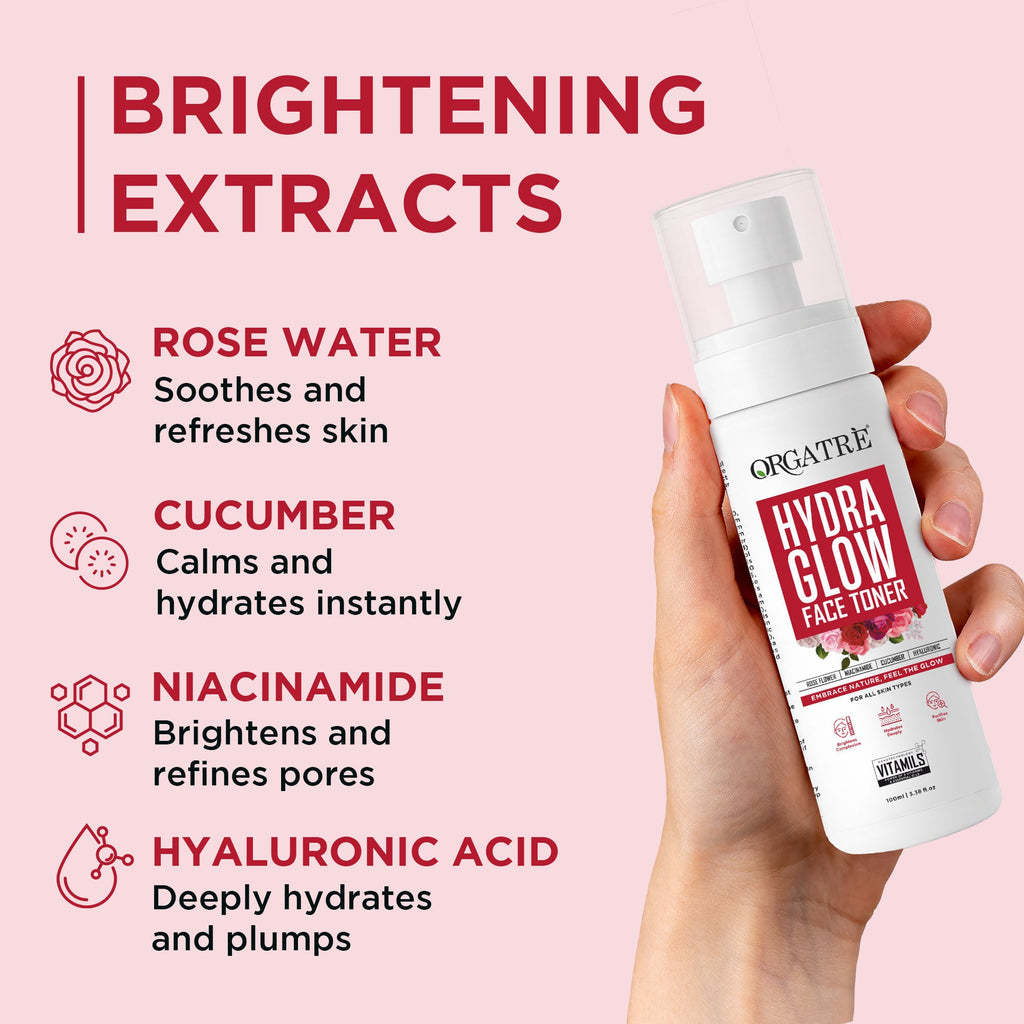 Orgatre Hydra Glow Face Toner with Rose Water, Niacinamide & Hyaluronic Acid for Glowing Skin 100ml