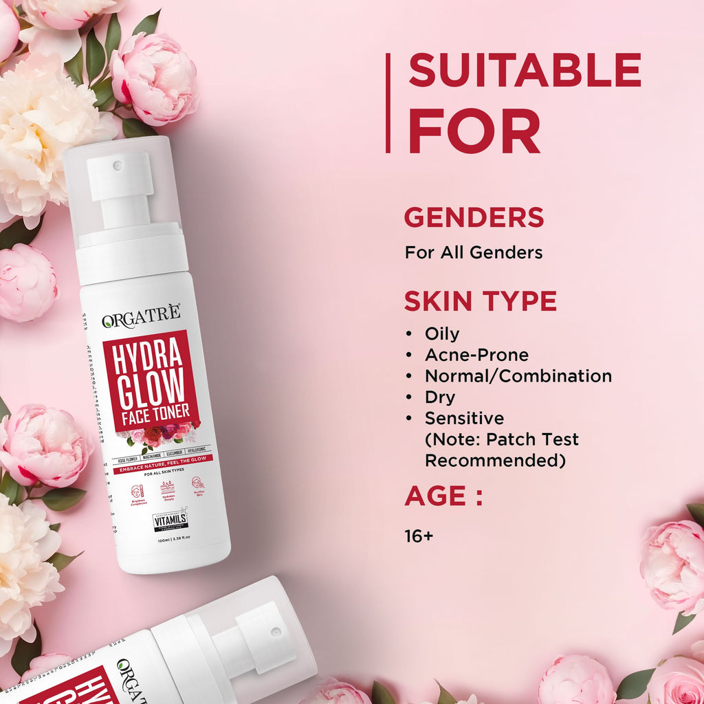 Orgatre Hydra Glow Face Toner with Rose Water, Niacinamide & Hyaluronic Acid for Glowing Skin 100ml