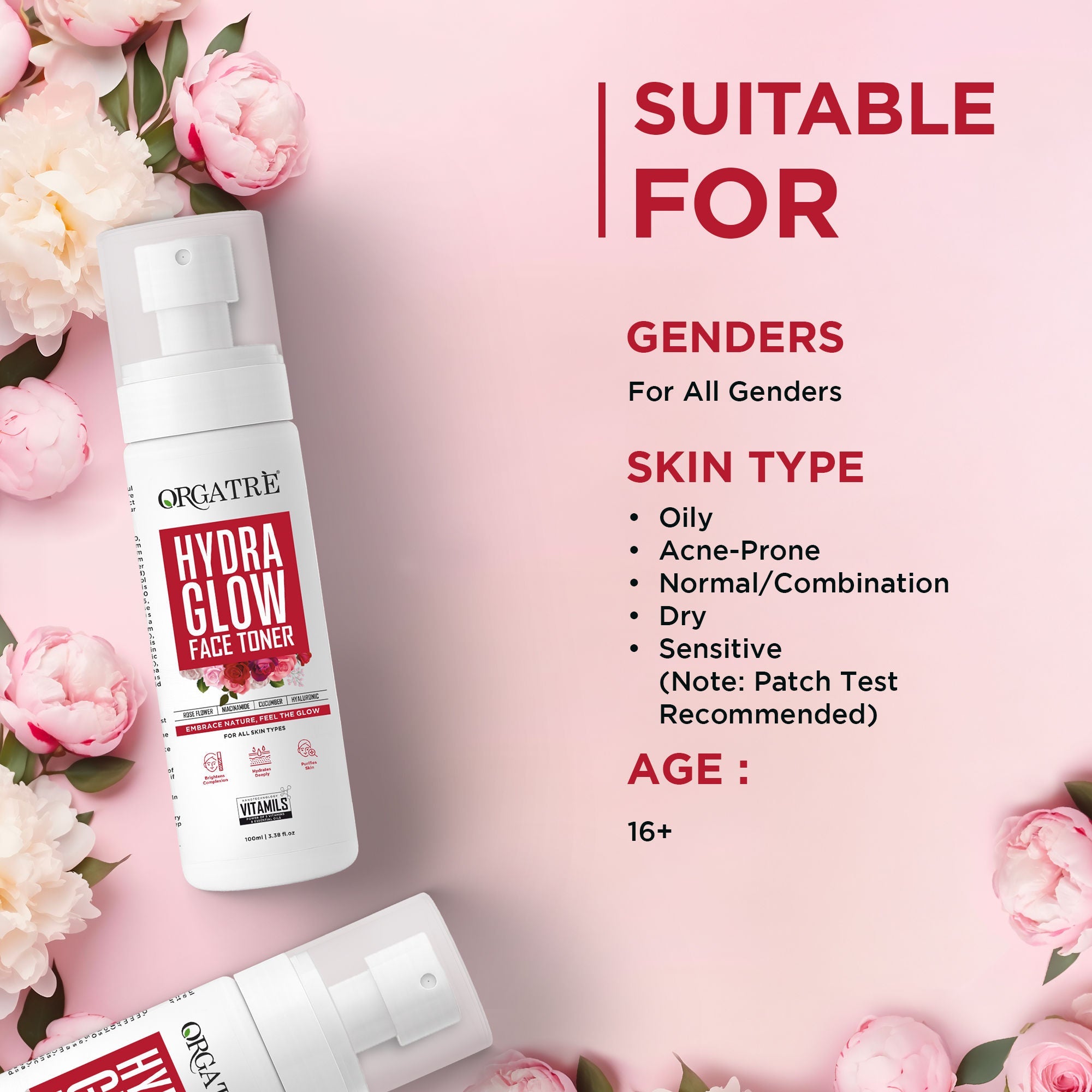 Orgatre Hydra Glow Face Toner with Rose Water, Niacinamide & Hyaluronic Acid for Glowing Skin 100ml