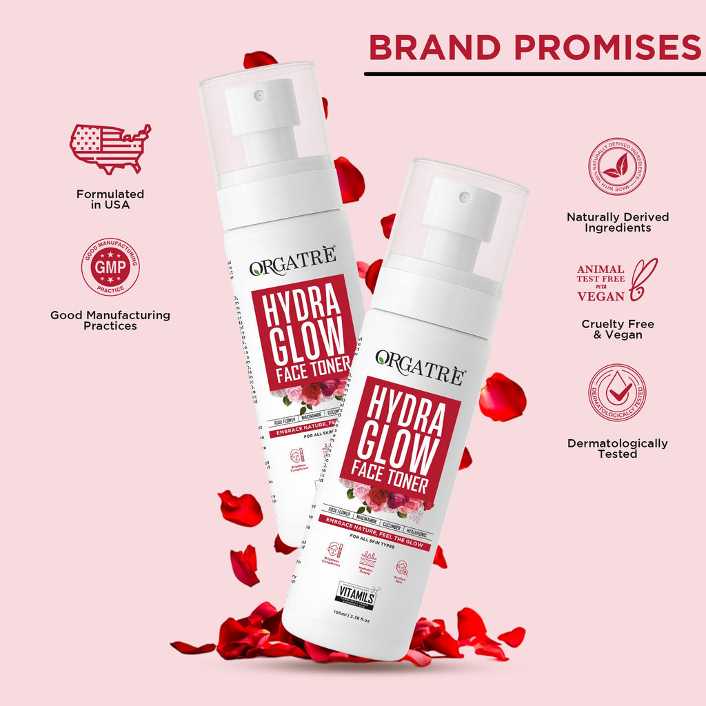 Orgatre Hydra Glow Face Toner with Rose Water, Niacinamide & Hyaluronic Acid for Glowing Skin 100ml