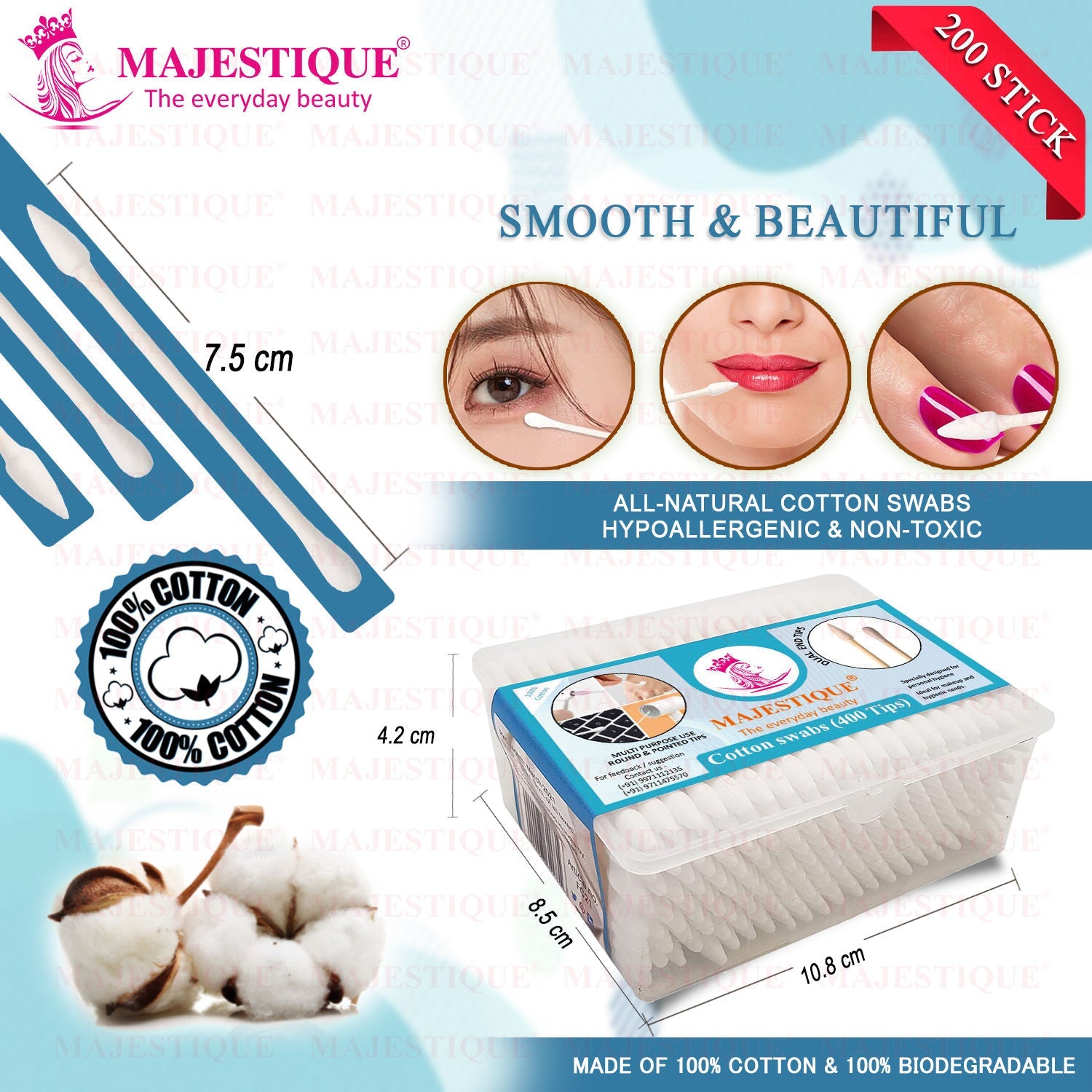 Majestique Dual-purpose Cotton Swab Makeup Remover Stick - 200 Pcs