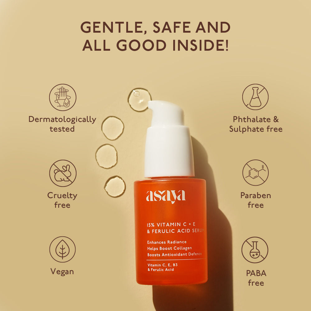 Asaya 15% Vitamin C + E Serum For Face With Ferulic Acid Lightweight Face Serum For Glowing Skin