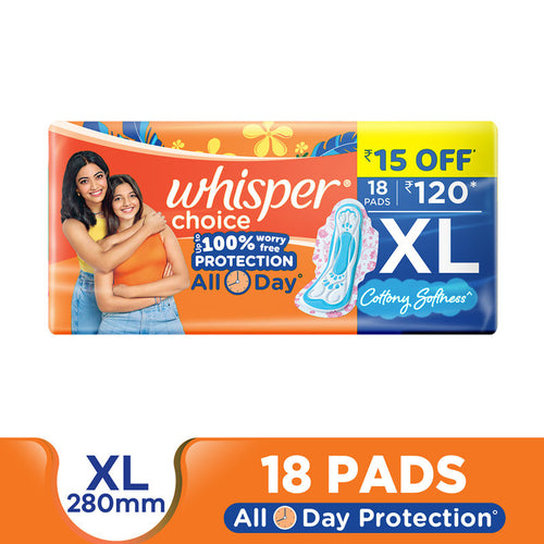 Whisper Choice XL thick Sanitary Pads - upto 100% Stain protection with side safe Wings- 16 Pads 2 Free Pads