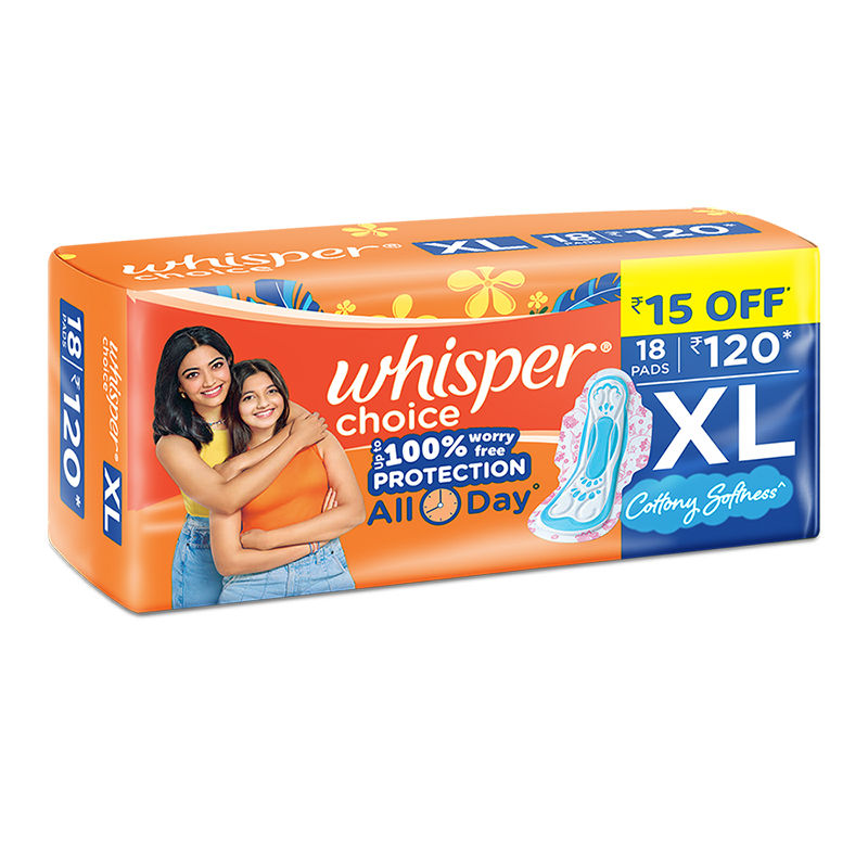 Whisper Choice XL thick Sanitary Pads - upto 100% Stain protection with side safe Wings- 16 Pads 2 Free Pads