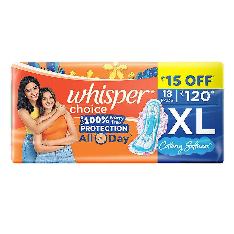 Whisper Choice XL thick Sanitary Pads - upto 100% Stain protection with side safe Wings- 16 Pads 2 Free Pads