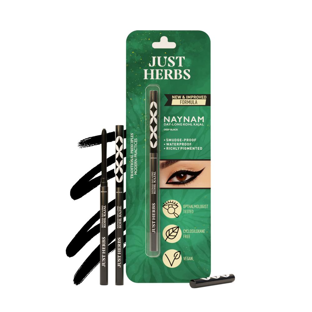 Just Herbs Naynam Day - Long Kohl Kajal - Sweet Almond Oil & Vitamin E - Smudgeproof & Transferproof