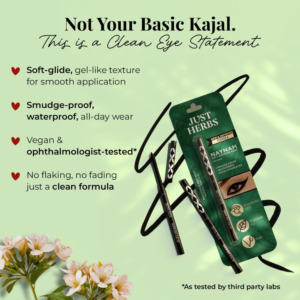 Just Herbs Naynam Day - Long Kohl Kajal - Sweet Almond Oil & Vitamin E - Smudgeproof & Transferproof