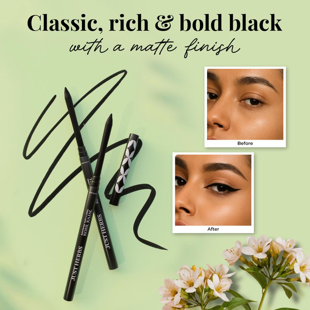 Just Herbs Naynam Day - Long Kohl Kajal - Sweet Almond Oil & Vitamin E - Smudgeproof & Transferproof