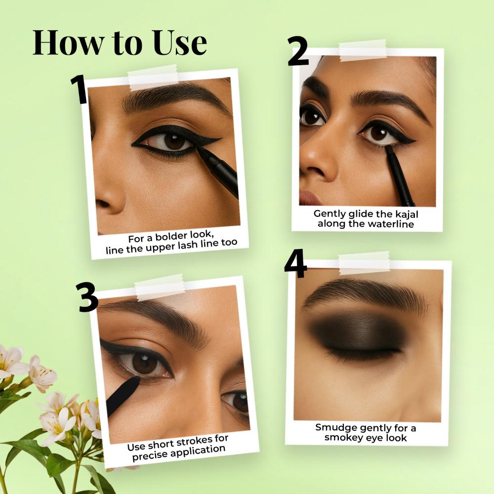 Just Herbs Naynam Day - Long Kohl Kajal - Sweet Almond Oil & Vitamin E - Smudgeproof & Transferproof