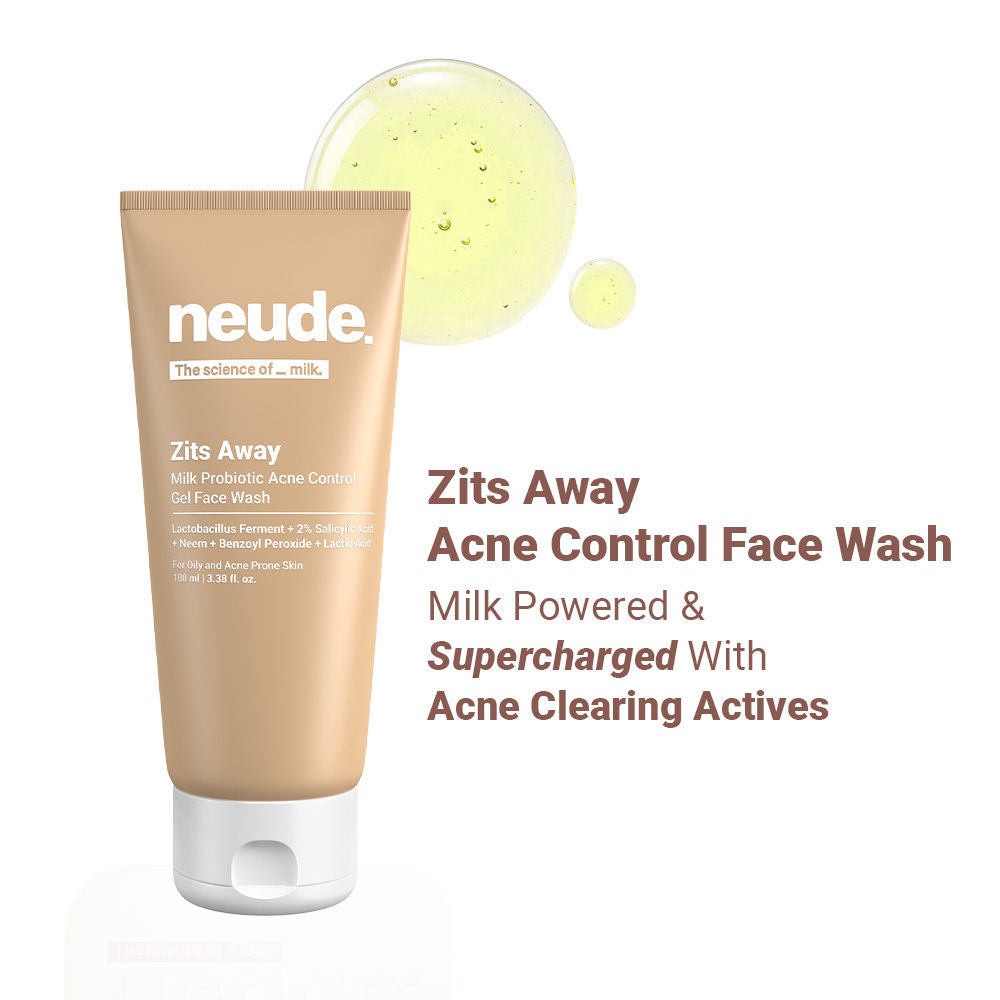 Neude Skin Milk Probiotic Acne Control Gel Face Wash with 2% Salicylic Acid & Neem - Zits Away