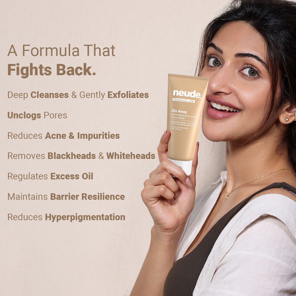 Neude Skin Milk Probiotic Acne Control Gel Face Wash with 2% Salicylic Acid & Neem - Zits Away