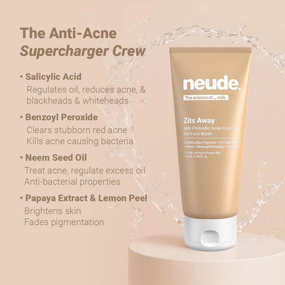 Neude Skin Milk Probiotic Acne Control Gel Face Wash with 2% Salicylic Acid & Neem - Zits Away