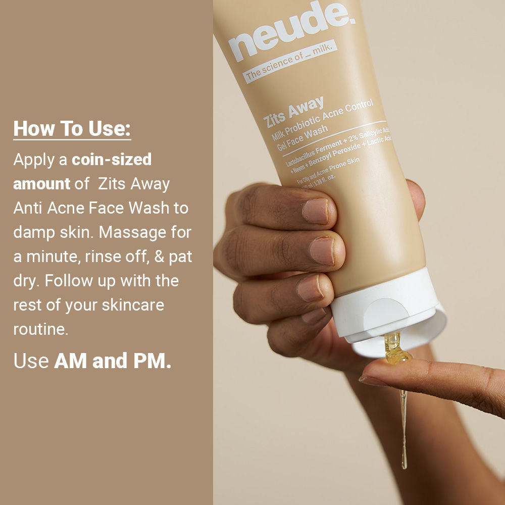 Neude Skin Milk Probiotic Acne Control Gel Face Wash with 2% Salicylic Acid & Neem - Zits Away
