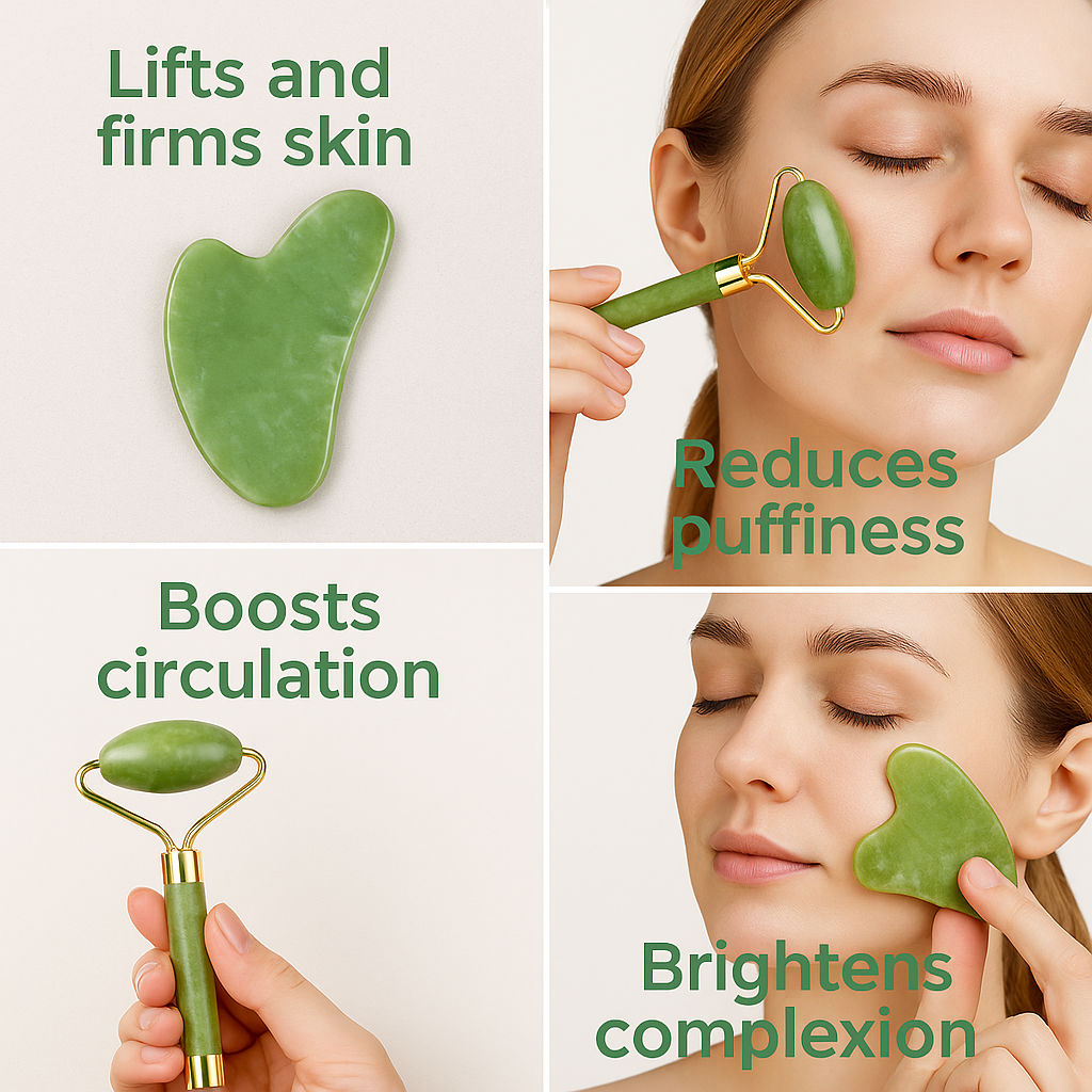 Kayanara Jade Stone Face Roller & Gua Sha Set for Face, Neck & Under Eye – Enhances Glow & Reduces Wrinkles