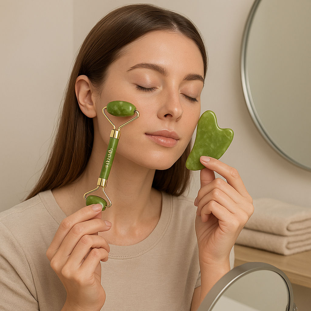 Kayanara Jade Stone Face Roller & Gua Sha Set for Face, Neck & Under Eye – Enhances Glow & Reduces Wrinkles