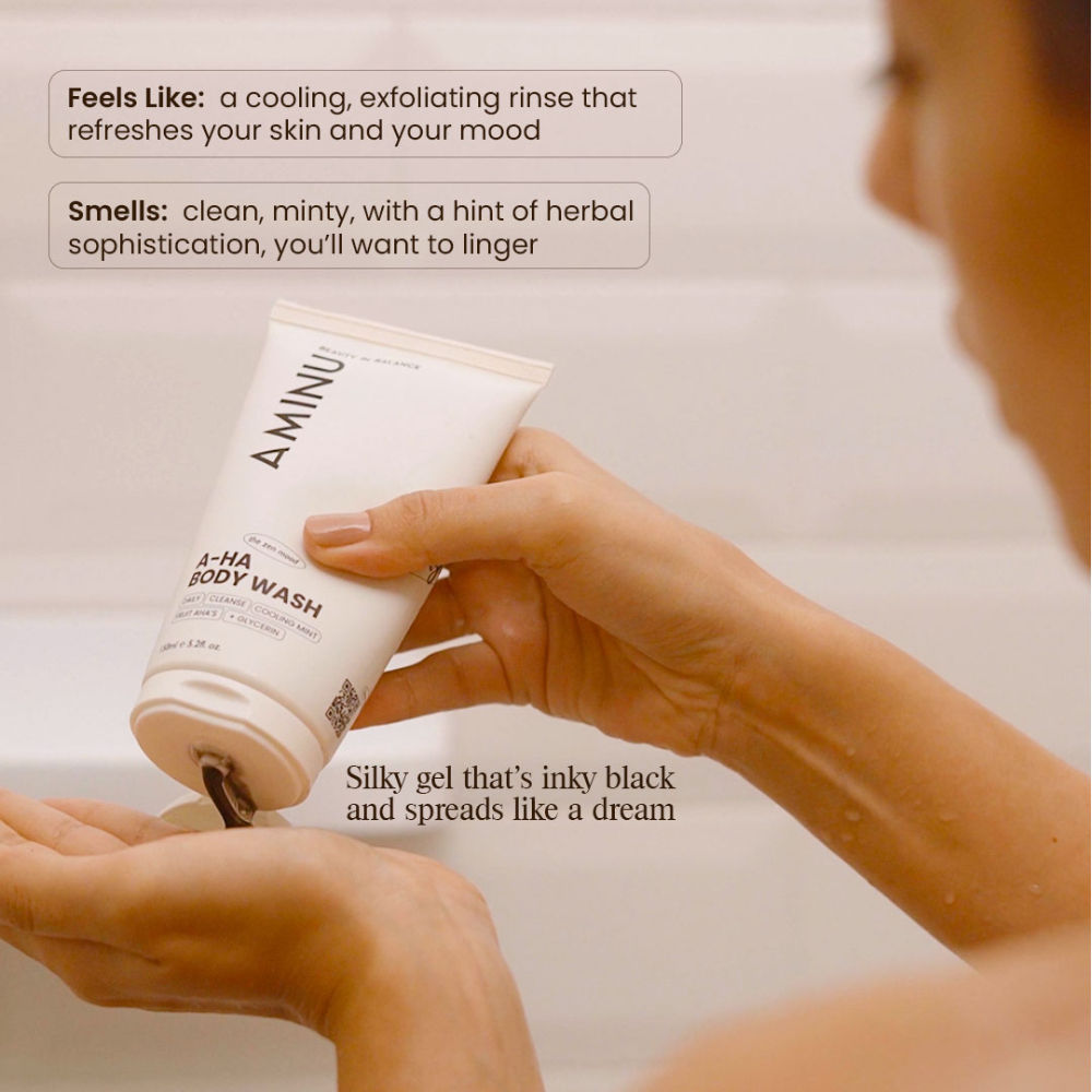 Aminu AHA Body Wash – Exfoliating Cleanser for Brighter, Smoother Skin, 5 AHAs + Charcoal Detox