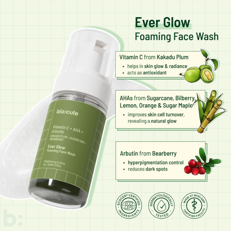 Biocule Ever Glow Vitamin C Foaming Face Wash With AHA & Arbutin For All Skin
