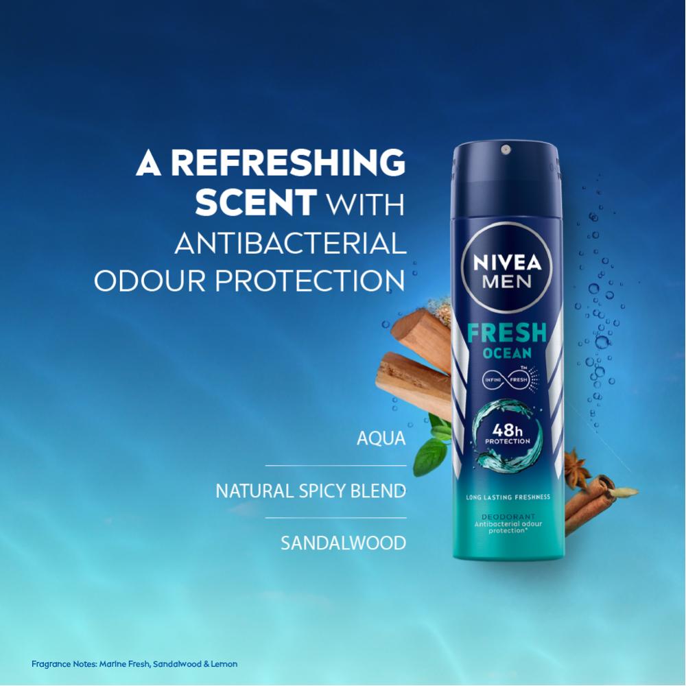 NIVEA MEN Deodorant, Fresh Ocean, 48h Long lasting Freshness with Fresh Aqua Scent