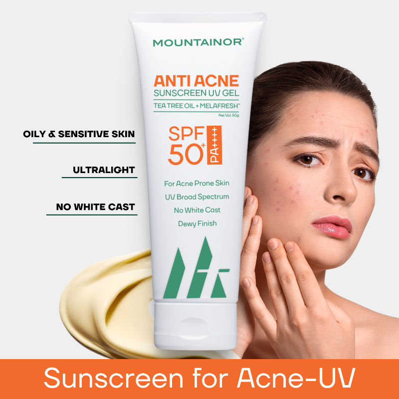 Mountainor Sunscreen for Oily Skin, Anti Acne UV Face Gel SPF 50 PA++++ Glow, Matte & No White Cast