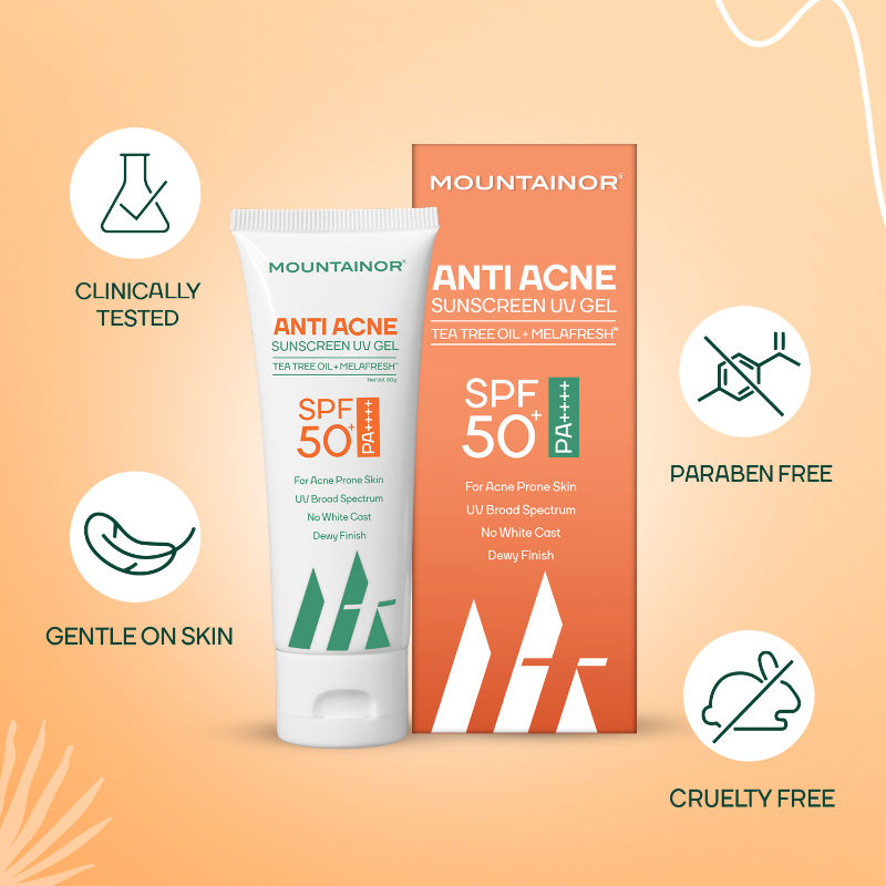 Mountainor Sunscreen for Oily Skin, Anti Acne UV Face Gel SPF 50 PA++++ Glow, Matte & No White Cast