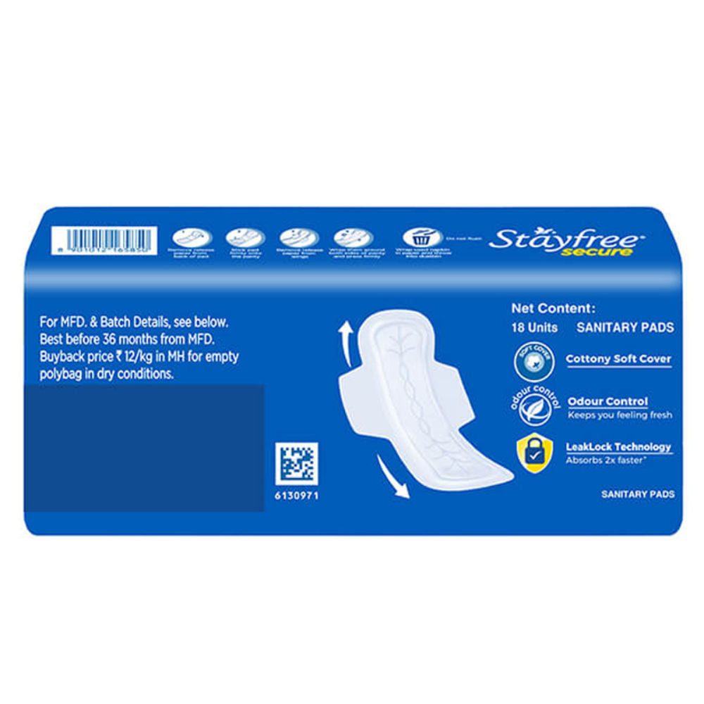 Stayfree Secure Regular Sanitary Pads with Cottony Soft Cover with wings - 18 Pads
