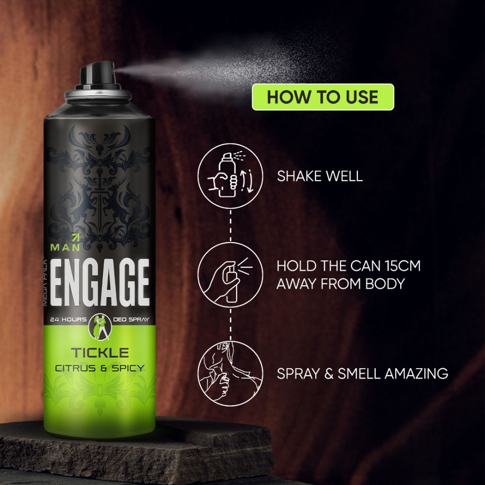 Engage Tickle Deo Spray For Men, Citrus & Spicy, Skin Friendly, Long-Lasting