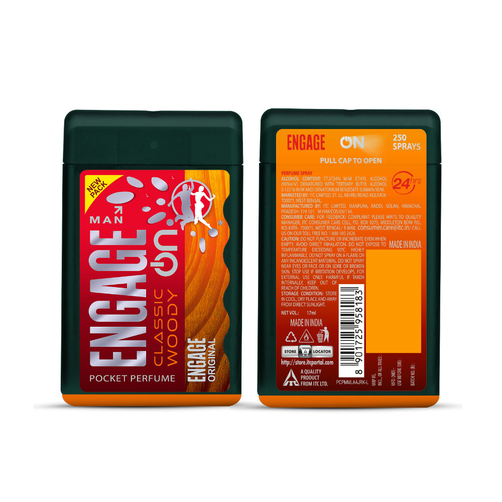 Engage On Classic Woody Pocket Perfume For Men, Citrus & Spicy, Skin Friendly, Long-Lasting