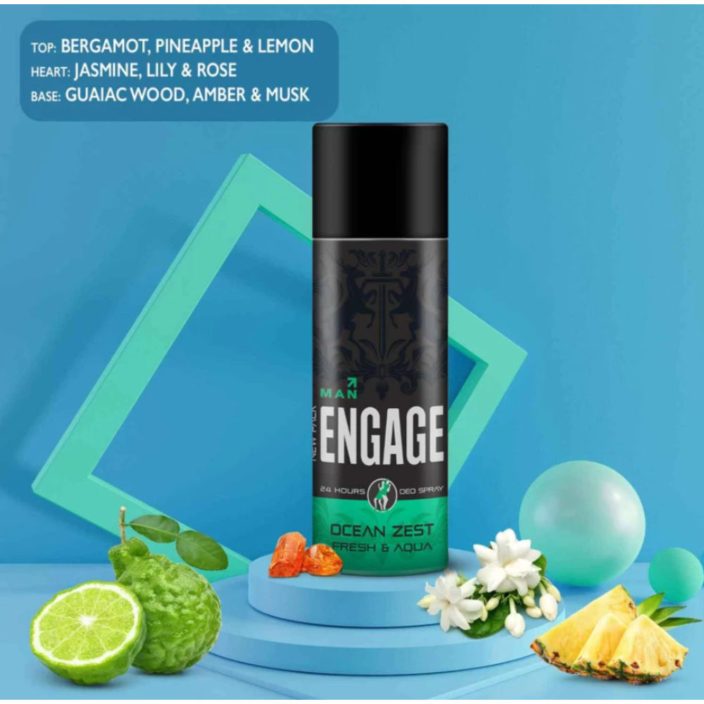 Engage Ocean Zest Deodorant for Men, Citrus & Aqua, Skin Friendly, Long-Lasting